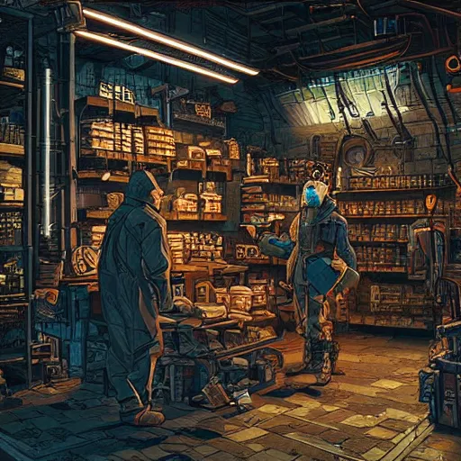 Image similar to cyberpunk merchant in their shop, Industrial Scifi, detailed illustration, Chiaroscuro, character art, by Martin Grip and Moebius