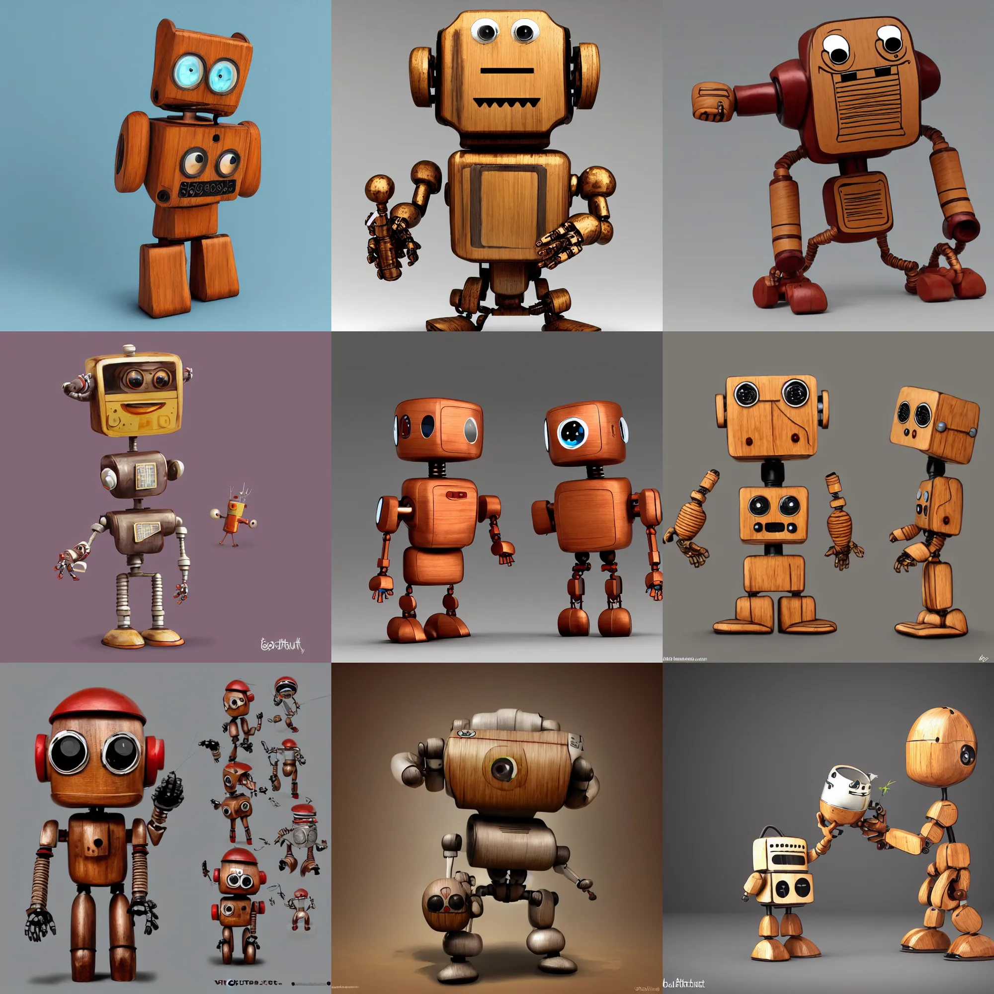 Prompt: cute funny figurine wooden, retro robot, brtutalism, concept art, digital art