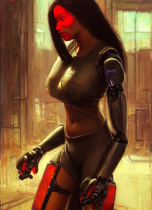 Prompt: Sonya Igwe. Beautiful Cyberpunk mechanic with robotic legs. (Cyberpunk 2077, bladerunner 2049). Iranian orientalist portrait by john william waterhouse and Edwin Longsden Long and Theodore Ralli and Nasreddine Dinet, oil on canvas. Cinematic, vivid colors, hyper realism, realistic proportions, dramatic lighting, high detail 4k