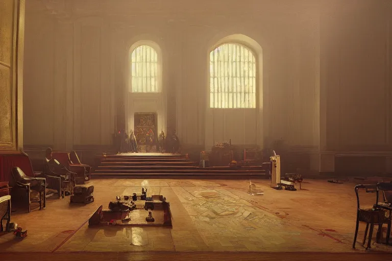 Image similar to inside a Masonic temple oil painting detailed Greg rutkowski, Norman Rockwell, cinematic, octane render, 8k