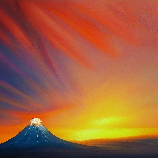 Prompt: a beautiful painting of a volcano erupting during sunset painted from far away by Leigh Wen, 8k