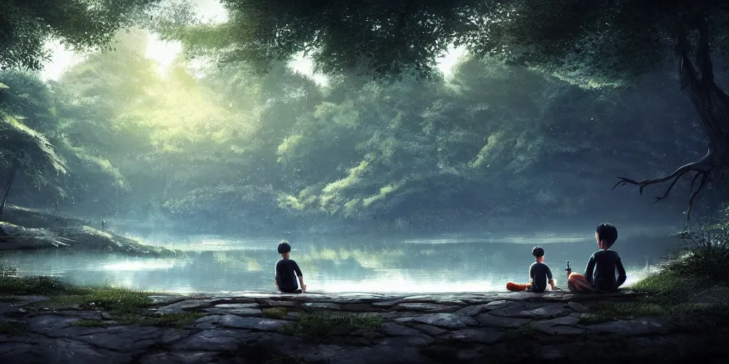 Image similar to a silver dragon and a boy sitting next to lake in forest, many fireflys, at night, concept art, dof, cryengine, digital art, detailed background, makoto shinkai