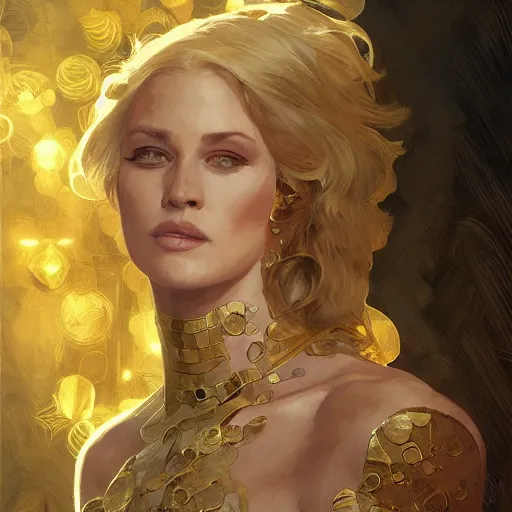 Image similar to Sandman with a gold suit, portrait, intricate, elegant, highly detailed, digital painting, artstation, concept art, smooth, sharp focus, illustration, art by artgerm and greg rutkowski and alphonse mucha