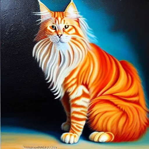 Prompt: beautiful oil painting of an orange mainecoon with a white beard. wearing a white wide brimmed sombrero