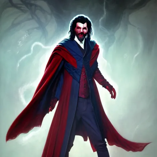 Image similar to Lionel Messi as Dr. Morbius in Morbius, D&D style, fantasy, intricate, elegant, highly detailed, digital painting, artstation, concept art, matte, sharp focus, illustration, art by Artgerm and Greg Rutkowski and Alphonse Mucha