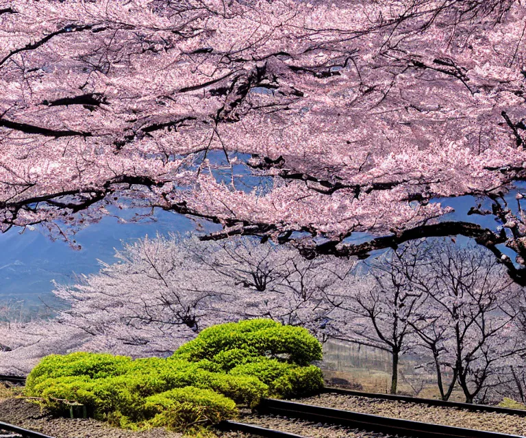 Prompt: mount fuji, japanese landscape with sakura trees, seen from a window of a train. beautiful! dlsr photo