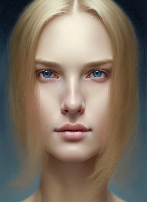 Prompt: beautiful symmetrical face!! portrait of young woman blessed with ever - increasing physical and mental perfection, realism, blonde hair, perfect face!! intricate, elegant, highly detailed, vision of holy perfection!! digital painting, artstation, concept art, smooth, sharp focus, illustration, humanity, art by artgerm and greg rutkowski and alphonse mucha