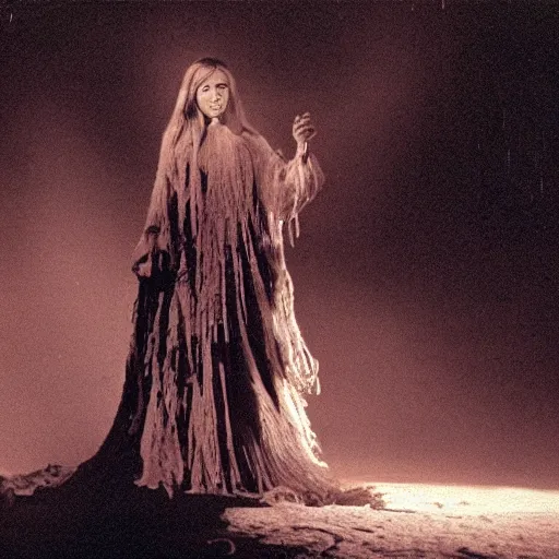 Prompt: 1 9 7 0's artistic spaghetti western movie, a woman in a giant billowy wide flowing waving dress made out of white smoke, standing inside a dark western rocky scenic landscape, volumetric lighting