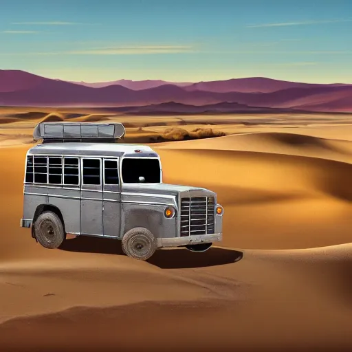 Image similar to silver school bus in the desert by hot springs, sand dunes, sage brush, golden hour, ultra detailed, 8 k, trending on artstation, award - winning art,