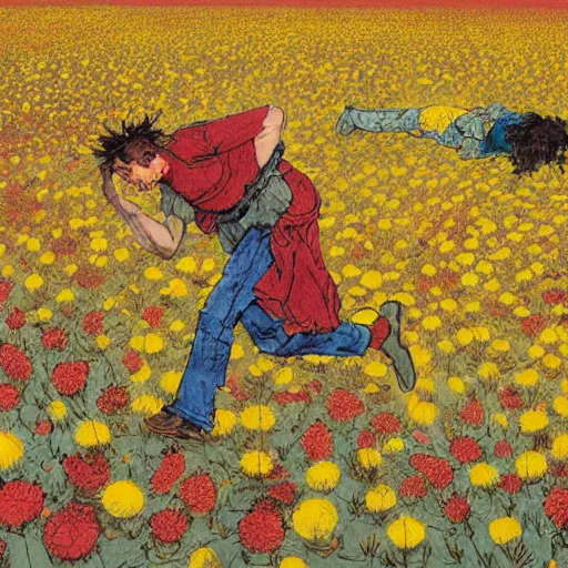 Image similar to 2 people in red desert drowning in a sea of yellow flowers, surrounded by swirls of prickly flowers rage , highly detailed, intricate, surreal, painting by Franz Marc, part by Yoji Shinkawa, part by Norman Rockwell