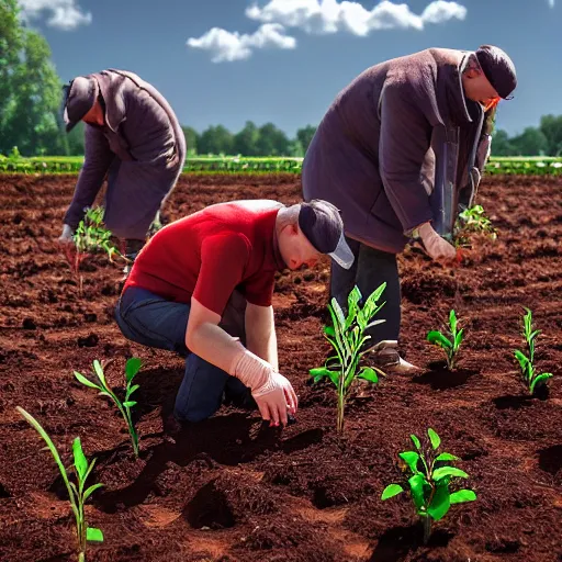 Prompt: koneki ken planting potatoes in belarus, instagram photo, photorealistic, hyper detailed, hyper realistic, houdini, vfx, unreal engine 5, octane render, 8 k, full hd