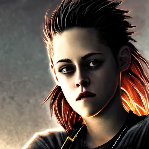 Image similar to kristen stewart portrait, dystopia core, apocalyptic, armor, warrior, dramatic, sharp focus, fiction, neon, fantasy, hyper detailed, digital art, trending in artstation, cinematic lighting, studio quality, smooth render, unreal engine 5 rendered, octane rendered, art style and nixeu and wlop and krenz cushart