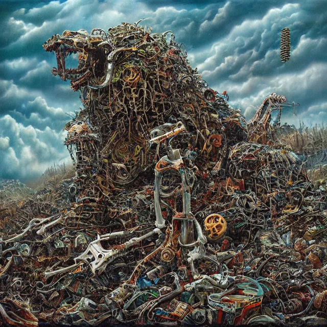 Image similar to a machine made of rubbish with long arms devours other rubbish and creatures in a giant rubbish heap full of strange and terrifying creatures, under a green sky in the distance, bones, corpses, monsters, hell, distorted, creepy, illustration, by dan seagrave, cinematic photographym, cinematic, ue 5, metal album cover art