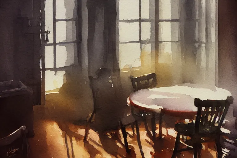 Prompt: small centered on watercolor paper, paint brush strokes, abstract watercolor painting of kitchen table, midday sharp light, dust, cinematic light, american romanticism by hans dahl, by jesper ejsing, by anders zorn, by greg rutkowski, by greg manchess, by tyler edlin