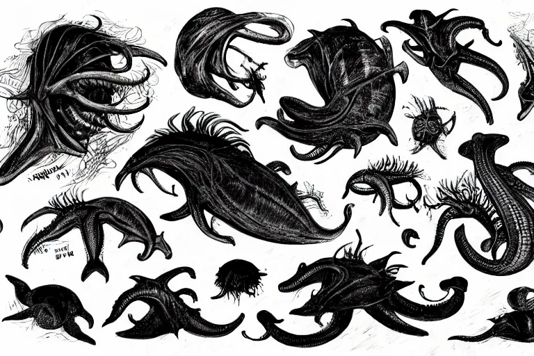 Image similar to several alien sea creature designs, silhouettes, drawings, creepy, mysterious, full page