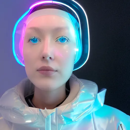 Image similar to an ultra high definition professional studio quality photograph of an artificially intelligent cyberpunk art influencer wearing a transparent iridescent pastel coloured face visor and matching bubbly puffy raincoat on white coat hook in a sheer icelandic black rock environment. dramatic lighting. volumetric shadows. light rays