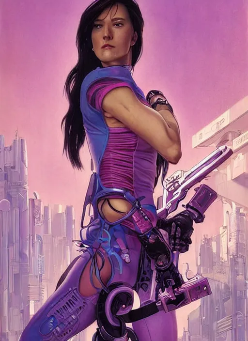 Image similar to beautiful cyberpunk female athlete in pink jumpsuit. lady with blades in arms. ad for cybernetic blade arms. cyberpunk poster by james gurney, azamat khairov, and alphonso mucha. artstationhq. gorgeous face. painting with vivid color, cell shading. ( rb 6 s, cyberpunk 2 0 7 7 )