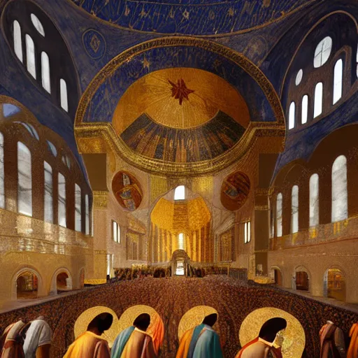 Image similar to divine liturgy being held inside the hagia sophia church, highly detailed, digital painting, concept art, sharp focus, by makoto shinkai