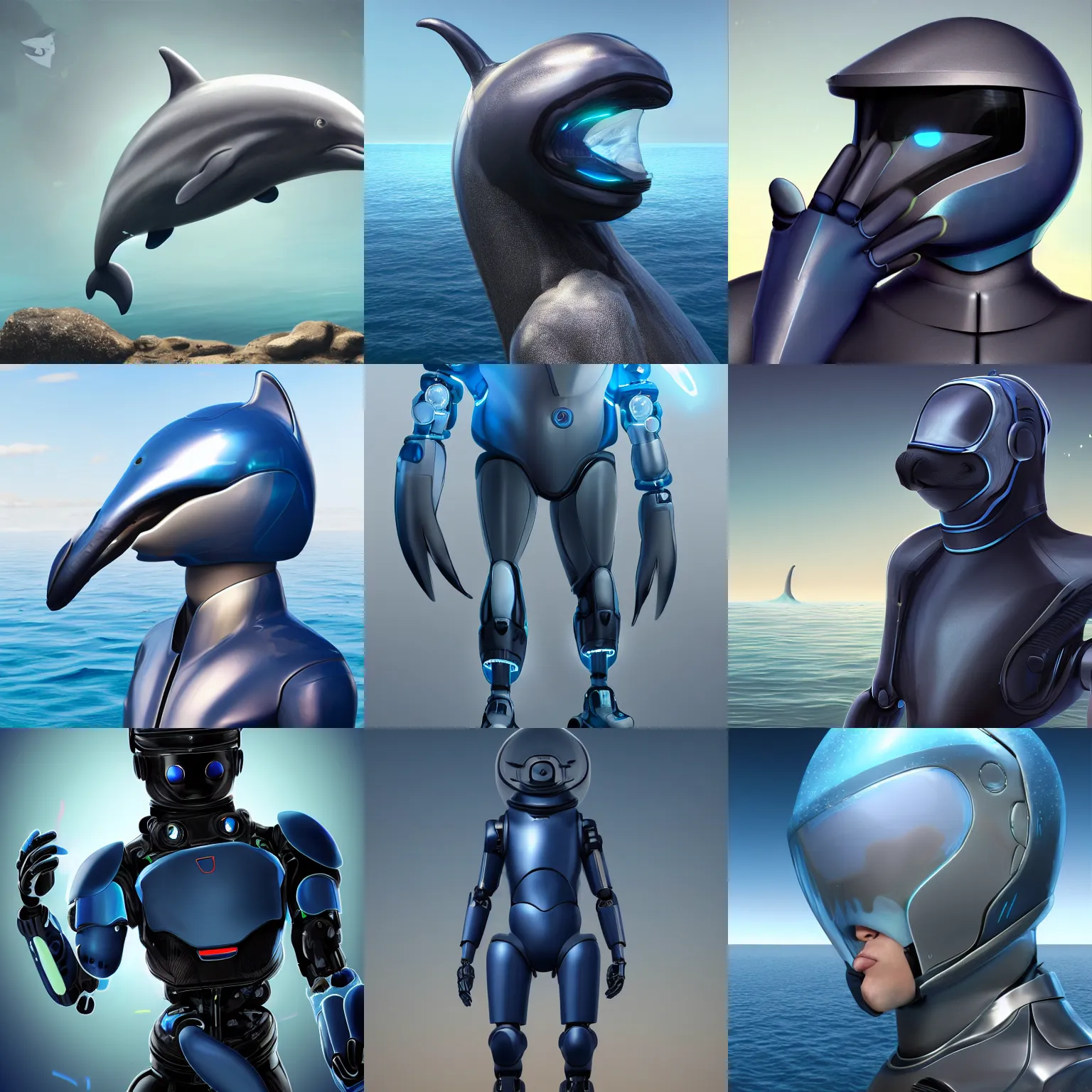 Prompt: very very beautiful furry art, male robotic anthro dolphin, synthetic cetacean humanoid android, face covered by dark opaque visor, wide bottlenose snout below visor, smooth round shapes, all dark blue metal, commission on furaffinity, cgsociety, octane render, sea in background