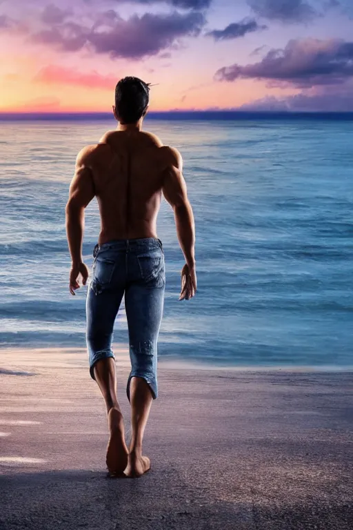 Image similar to a very muscular and defined man wearing ripped pants and shirt looking to the sea at sunset, godrays, complementary colors, natural lighting, portait image, path tracing, serene landscape, high quality, highly detailed, 8K, soft colors, warm colors, turbulent sea, high coherence, anatomically correct, hyperrealistic, concept art, defined face, five fingers, front view