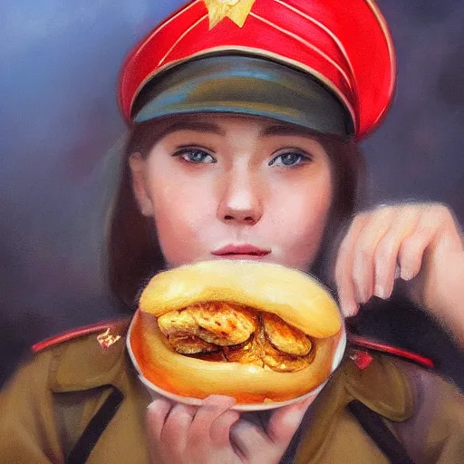 Image similar to high detail portrait oil painting illustration of beatiful girl as soviet red army soldier eating hot baked bun by justin sweet with face and body clearly visible, in a scenic background, pupils visible, realistic proportions, d & d, rpg, forgotten realms, artstation trending, high quality, sombre mood, artstation trending, muted colours, entire person visible!