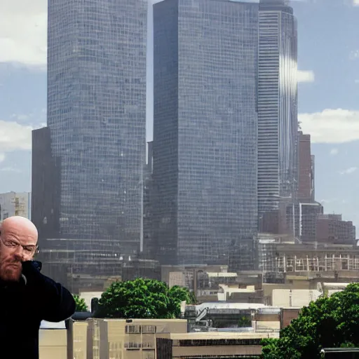 Image similar to Gargantuan Walter White towering over a city