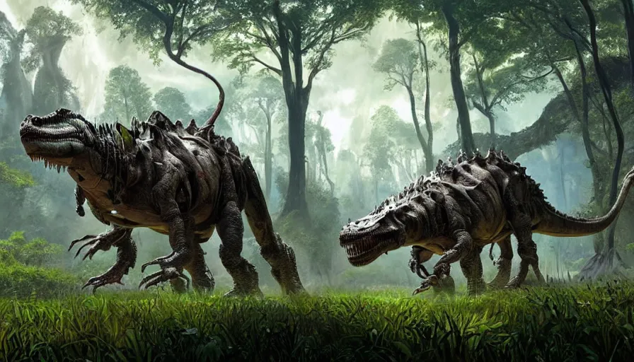Prompt: A machinated dinosaur hybrid of a BEHEMOTH strolling along a lush green forest from the playstation 5 game Horizon Zero Dawn world, sci-fi concept art, highly detailed, oil on canvas by James Gurney