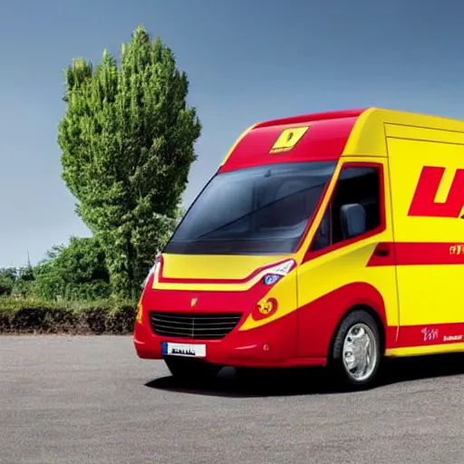 Prompt: A commercial van designed and produced by Ferrari, with DHL livery promotional photo