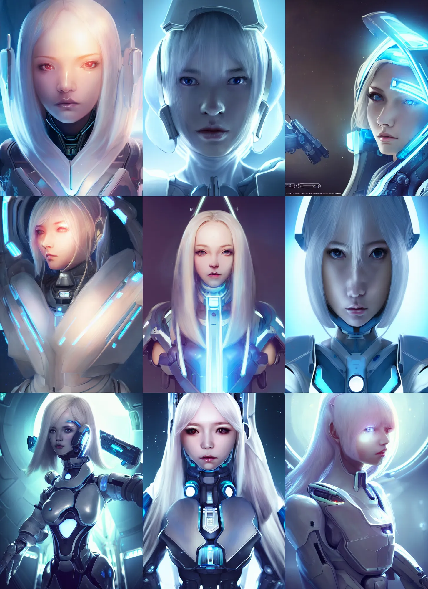 Prompt: perfect android girl, glowing warframe armor, beautiful face, scifi, futuristic, space station, laboratory, kwak ji young, dreamy, long white hair, blue cyborg eyes, cinematic lighting, innocent, highly detailed, focused, artstation, divine, by gauthier leblanc, kazuya takahashi, huifeng huang, jama jurabaev