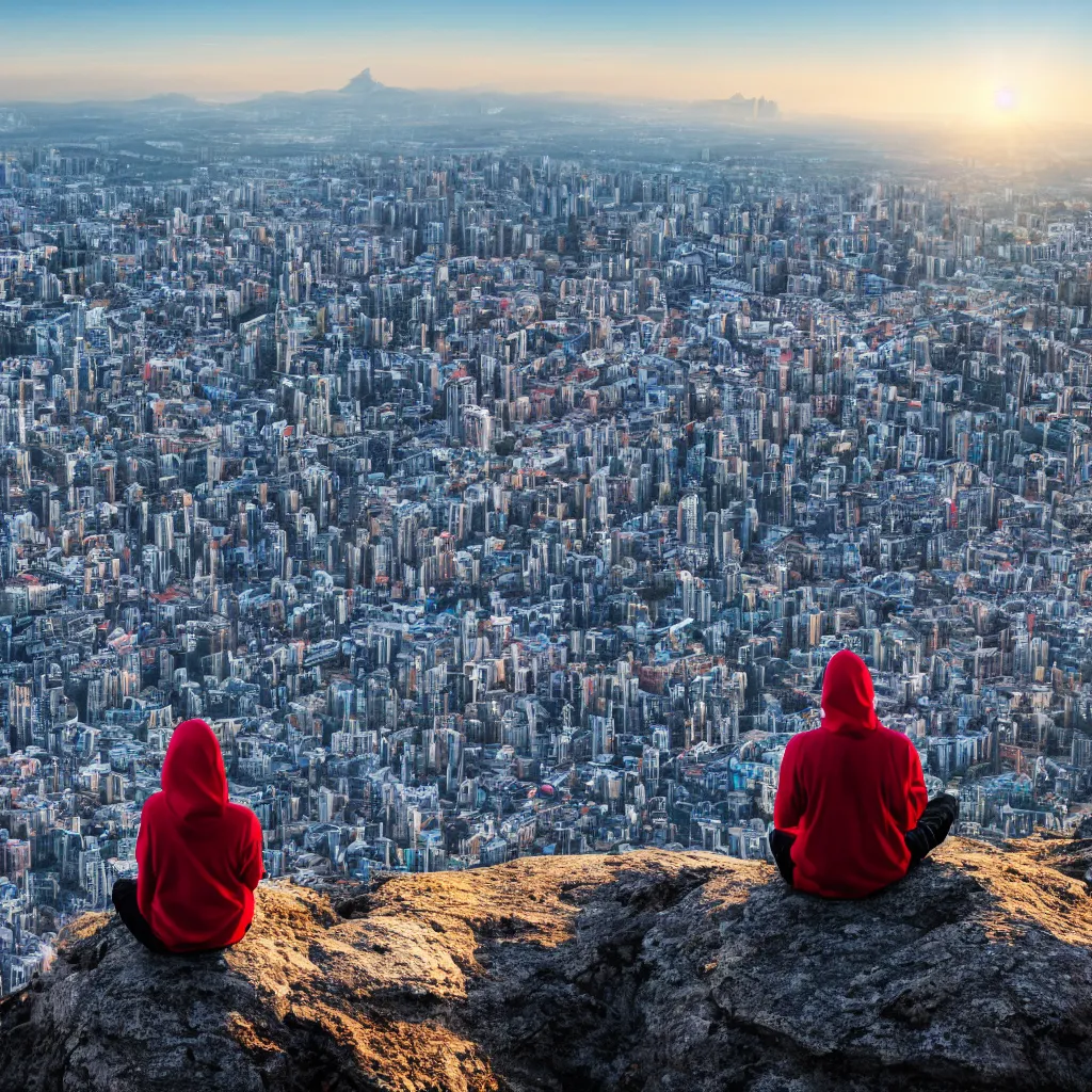 Image similar to meditating person with hoodie on sitting on top of a mountain overlooking a giant futuristic city by sundawn, high resolution photo, detailed