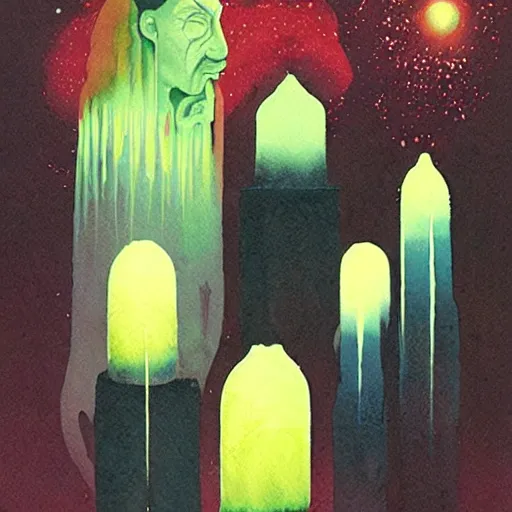 Prompt: tearless ancient cosmic candles, by karel thole, watercolor, trending on cgsociety