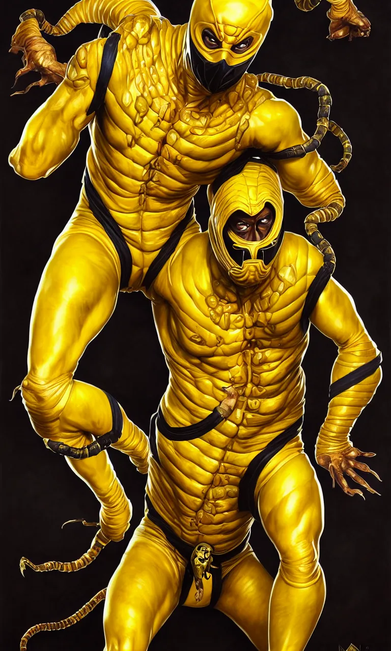 Prompt: hyper realistic full body portrait of scorpion from mortal kombat, mk ninja character, yellow ninja mask, tight yellow ninja suit, by lee bermejo, alphonse mucha and greg rutkowski