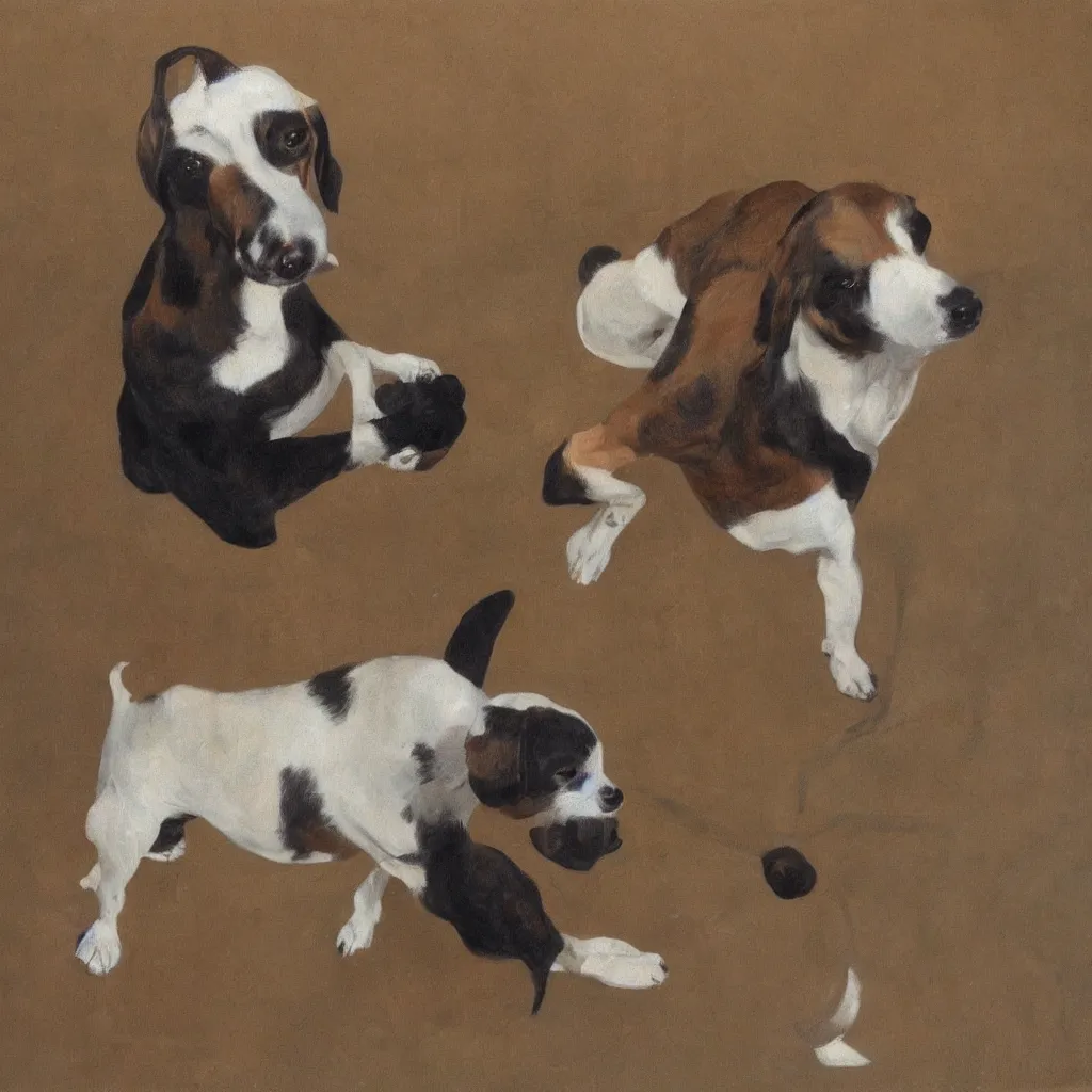 Prompt: painting of cute dog, full stature, in style of marcel duchamp, photorealistic