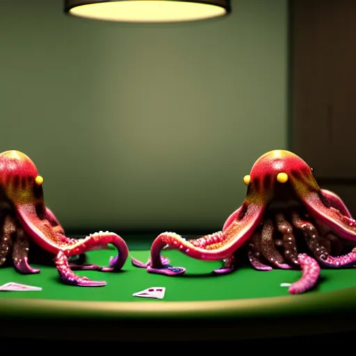 Prompt: hyperrealism simulation highly detailed human octopuses'wearing transparent jackets, playing poker in surreal scene from art house movie from future by wes anderson rendered blender and octane render