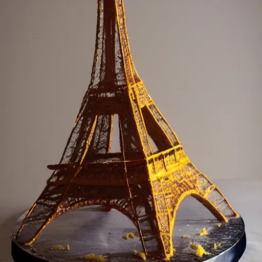 Prompt: Award winning photo 35mm of a cake that is made of a varieaty of cheese in the shape of the eiffel tower, tha cake is in the shape of the eiffel tower, all the cake structure is made of cheese and in format of the eiffel tower