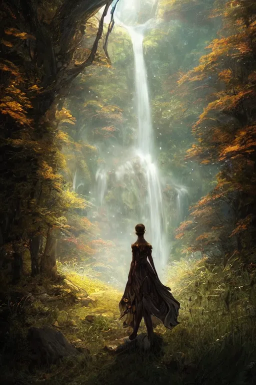 Image similar to detailed intricate digital illustration by greg rutkowski and artgerm and wlop and sanford robinson gifford ; girl standing in gothic fantasy valley and waterfall faerie fey unseelie in background ; 1 3 mm film, arri alfa anamorphic lens ; sharp focus, golden hour, fireflies ; trending on artstation 8 k close view