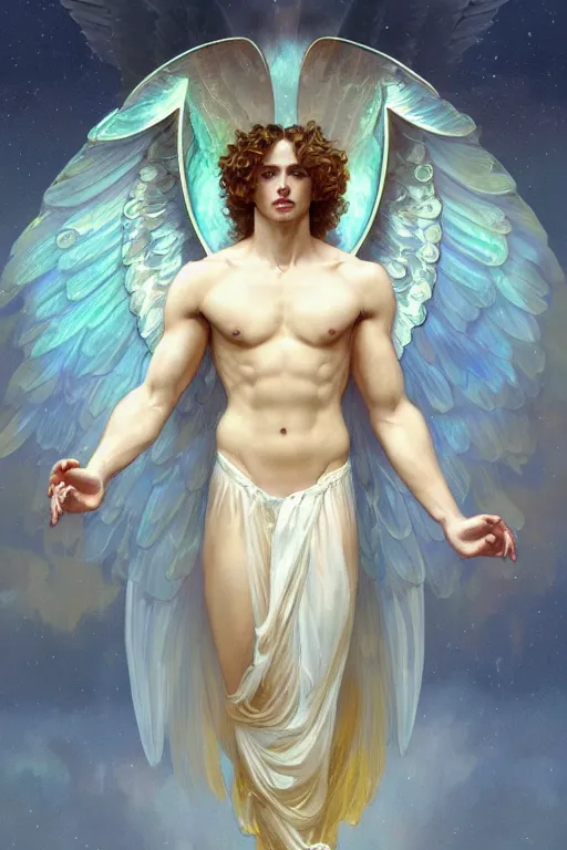Prompt: fullbody portrait of a beautiful young fit male angel with curly blond hairs, serene face, dressed with long fluent clothes, majestic symmetrical eagle wings, luminous halo, by greg rutkowski and alphonse mucha, gradient white to gold, in front of an iridescent background, highly detailed portrait, digital painting, artstation, concept art, smooth, sharp focus illustration