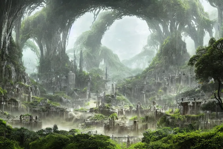 Prompt: An elven city at the base of a lush green basin with white monoliths surrounded by a moat by Greg Rutkowski, Sung Choi, Mitchell Mohrhauser, Maciej Kuciara, Johnson Ting, Maxim Verehin, Peter Konig, 8k photorealistic, cinematic lighting, HD, high details, dramatic, trending on artstation