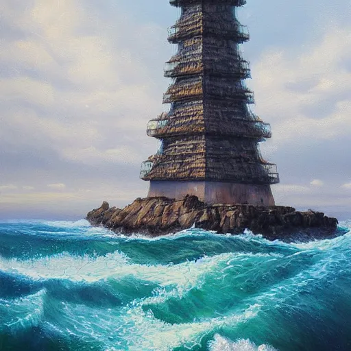 Image similar to highly detailed oil painting art of an ethereal tower rising from the ocean