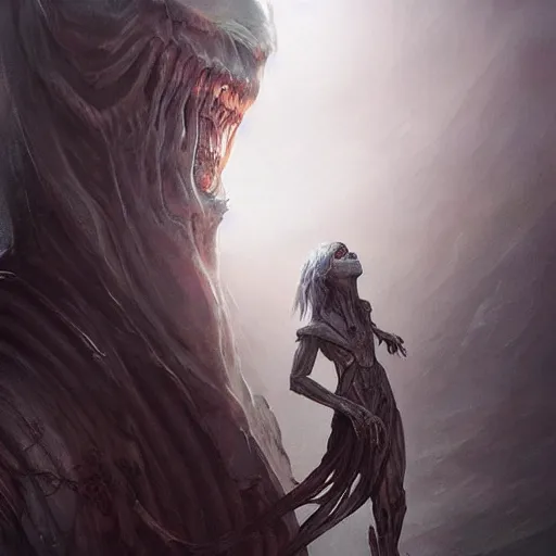 Image similar to a beautiful terrifying immense pale humanoid giant looms over a tiny human. ethereal horror fantasy art by artgerm and greg rutkowski and hr giger