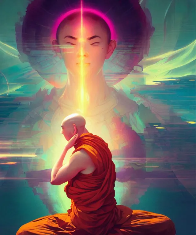 Image similar to a floating monk, meditating, wearing netrunner clothing, vaporwave aesthetic, colorful, psychedelic, digital painting, artstation, concept art, smooth, sharp focus, illustration, art by artgerm and greg rutkowski and alphonse mucha