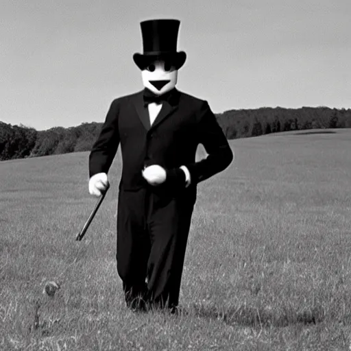 Prompt: a film still of a man holding a cane wearing a black suit and a bowler hat with a robotic face walking in a empty field in a 60s movie, black and white