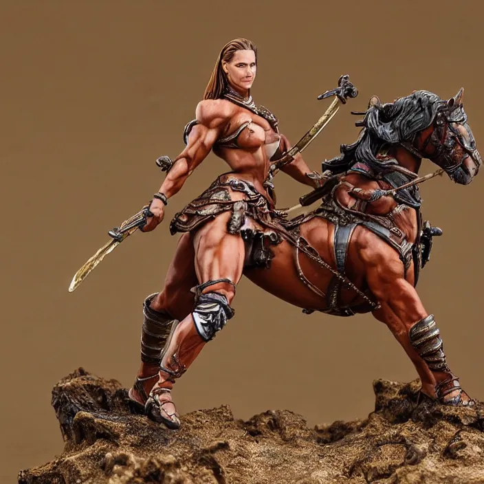 Image similar to 80mm resin detailed miniature of a Muscular Woman warrior with a Horse, Product Introduction Photos, 4K, Full body, simple background