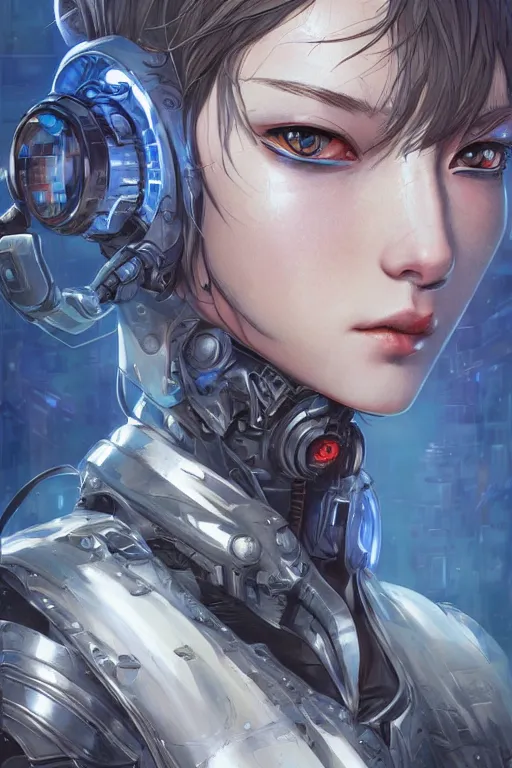 Image similar to Portrait of a cyberpunk cyborg , D&D, sci fi fantasy, intricate, richly detailed colored , art by Range Murata and Artgerm highly detailed, digital painting, trending on artstation, sharp focus, illustration, style of Stanley Artgerm,