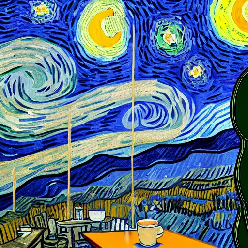 Prompt: starry night with pepe the frog sitting at a cafe table by vincen van gogh