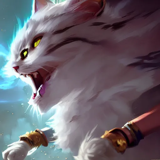 Image similar to arcane style white fluffy cat, bomb boom, bomb boom, bomb boombomb boom, bomb explosion, boom, bright art masterpiece artstation. 8 k, sharp high quality artwork in style of jose daniel cabrera pena and greg rutkowski, concept art by tooth wu, blizzard warcraft artwork, hearthstone card game artwork, exploding, grenade explosion