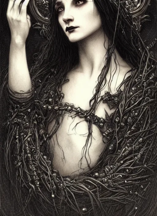 Image similar to gothic witch maiden holding a wreath and wearing a cloak, long beautiful strands of black hair, engraving, concept art, elden ring, illustration, smooth, sharp focus, by gustave dore and greg rutkowski, hyper realistic face, piercing beautiful eyes, fantasy art, in the style of midjourney, intricate, alphonse mucha, hyper detailed