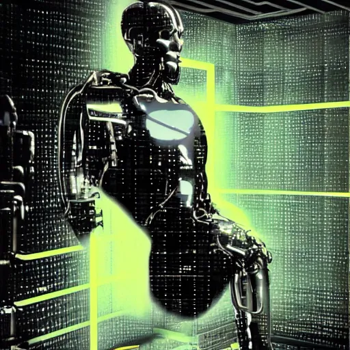 Image similar to the torso of a terminator with borg implants and a human face is hanging from cables and wires off the ceiling of an futuristic abandoned computer lab and plugged into a quantum computer. bottom half of the terminator's body is missing with cables sticking out. The Terminator is taking a sip from a cup of coffee. Tiny green led lights in the terminator's cybernetics. very detailed 8k. Cyberpunk horror style.
