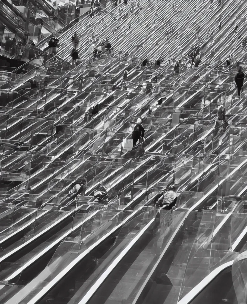 Prompt: rows of escalators leading endlessly into the sky, sunny day, clouds, cinematic, masterpiece