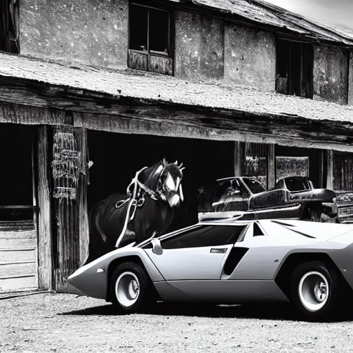 Prompt: lamborghini countach in a wild west town, cowboys, horses, saloon, 1 9 th century daguerrotype